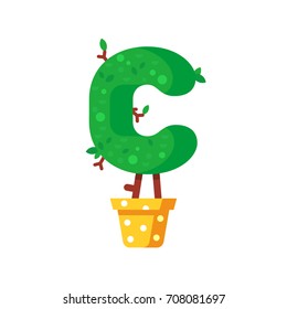Flat style font made out of pot plants. Green alphabet made of trees and leafs. Seasonal summer letters. Letter C flat illustration.