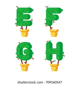 Flat style font made out of pot plants. Green alphabet made of trees and leafs. Seasonal summer letters. Letters E, F, G, H flat illustration.