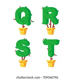Flat style font made out of pot plants. Green alphabet made of trees and leafs. Seasonal summer letters. Letters Q, R, S, T flat illustration. 