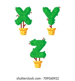 Flat style font made out of pot plants. Green alphabet made of trees and leafs. Seasonal summer letters. Letters X, Y, Z flat illustration.