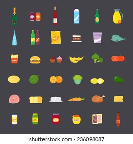 Flat Style Food and Beverages Icon Set. Big and Colorful.