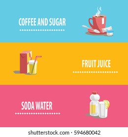 Flat style food and drinks banners. Modern and bright. Vector illustration. Good for web, print, presentation, menu.