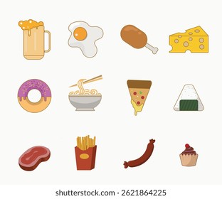 Flat style food icon set with beer, egg, chicken, cheese, donut, noodles, pizza, onigiri, steak, fries, sausage, and cupcake. Perfect for menus, apps, or infographics.