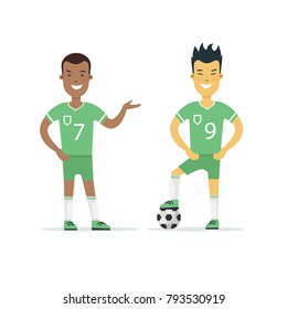 Flat style football Soccer male Player with ball vector illustration. Team sports set. Man players standing and smiling in uniform clothes