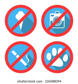 Flat Style Forbidding Vector Signs "No Dog or Pets", "No Ice-cream", "No Smoking" and "No Photo". Vector