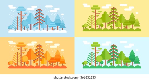 Flat Style Forest Scenery, four stylized seasons of the year in different color schemes - winter, spring, summer, fall