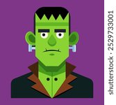 Flat style Frankenstein monster icon, perfect for Halloween and spooky-themed designs. A classic horror character for decorations, party invitations, and creative projects