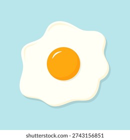 Flat style fried egg vector with simple shapes, smooth colors and soft drop shadow. Minimal food illustration isolated on blue background. Modern breakfast design element.