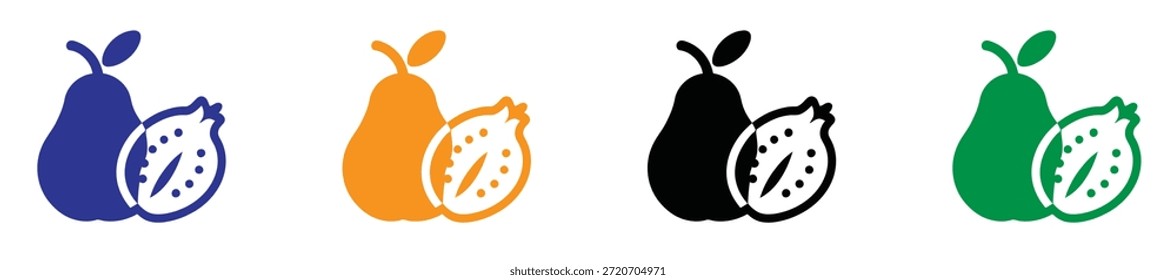 Conjunto de iconos de frutas de estilo plano: Ilustraciones vectoriales de pera y guayaba.
