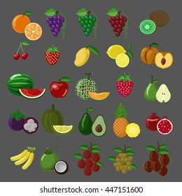 Flat style fruits vector icon set. Vector illustration consist of whole fruits and sliced fruits.
