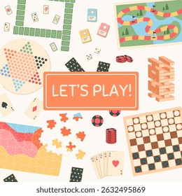 Flat style fun banner with table boardgame elements. Chessboard, card deck, puzzle pieces, and jenga blocks build playful game concept. Perfect for social media ads or family recreation.