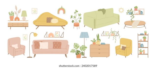 Flat style furniture and decor isolated elements set, vector hand drawn illustration. Home decorations for cozy modern interior. Stylish sofa, drawers, couch, lamp, houseplant, armchair and table