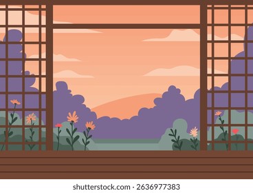 Flat style garden landscape seen through a open wooden terrace lattices with flowers and an sunset sky.