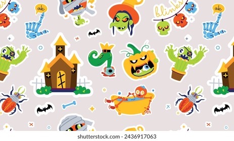 Flat style ghost pattern designed with creepy pumpkin, cactus, and other items on halloween theme