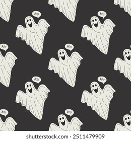 Flat style ghost  seamless pattern. Scary white ghost. Happy Halloween. Cute vintage spooky character. Vector illustration for posters, decoration and print.