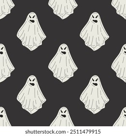 Flat style ghost  seamless pattern. Scary white ghost. Happy Halloween. Cute vintage spooky character. Vector illustration for posters, decoration and print.