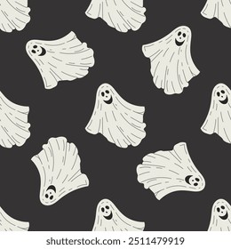 Flat style ghost  seamless pattern. Scary white ghost. Happy Halloween. Cute vintage spooky character. Vector illustration for posters, decoration and print.