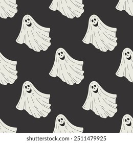 Flat style ghost  seamless pattern. Scary white ghost. Happy Halloween. Cute vintage spooky character. Vector illustration for posters, decoration and print.