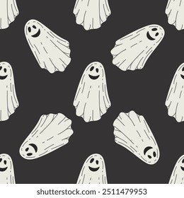 Flat style ghost  seamless pattern. Scary white ghost. Happy Halloween. Cute vintage spooky character. Vector illustration for posters, decoration and print.