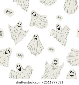 Flat style ghost seamless pattern. Scary white ghost. Happy Halloween. Cute vintage spooky character. Vector illustration for posters, decoration and print.	