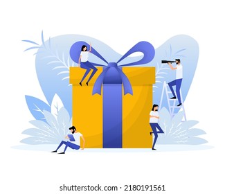 Flat style gift box people for promotion design. Flat vector illustration