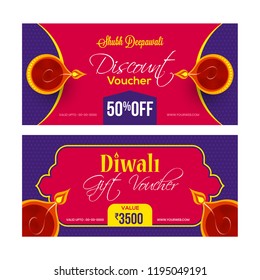 Flat style gift coupon or voucher layout with best discount offer and illuminated oil lamps for Diwali Festival.