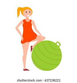 Flat style girl athlete with green fitness ball. Color image of training young girl with 
fitball on white background. Vector illustration