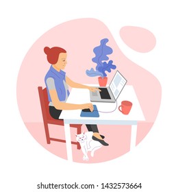 Flat style girl designer with a cat under table is sitting at desk and working with laptop. isolated on white background. stock vector illustration.
