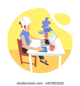 Flat style girl designer with a cat on her head is sitting at desk and working with laptop, using graphic tablet. isolated on white background. stock vector illustration.
