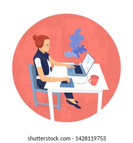 Flat style girl designer is sitting at desk and working with laptop, using graphic tablet. isolated on white background. stock vector illustration.
