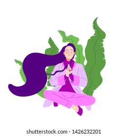 Flat style girl meditating in nature. isolated on white background. stock vector illustration.
