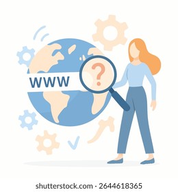Flat Style Girl Searching Globe with Magnifying Glass Illustration