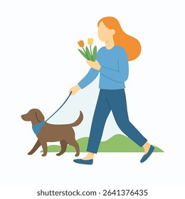 Flat Style Girl Walking Dog with Tulip Flowers in the Park Illustration