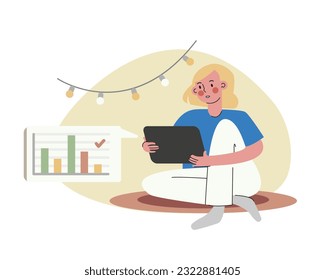 Flat style girl works from home on laptop studying charts in comfortable conditions. Young freelancer. Remote job or online education. Communication with colleagues online. Vector
