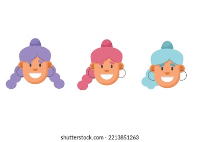 Niñas de estilo plano con la cara puesta. Púrpura, rosa y azul. Minimalismo, ilustración digital