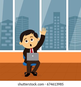 Flat style glass wall office interior design with skyscrapers view, Cartoon character of young businessman working on laptop.