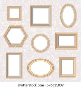 Flat style golden vintage frames on the marble textured wall, vector set. Different shapes and colors. Cute cartoon photo, drawing, painting frame, great for wedding invitations, postcards, posters.