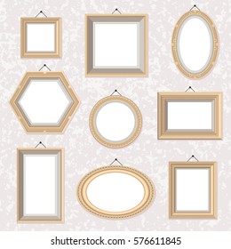 Flat style golden vintage frames on the marble textured wall, vector set. Different shapes and colors. Cute cartoon photo, drawing, painting frame, great for wedding invitations, postcards, posters.