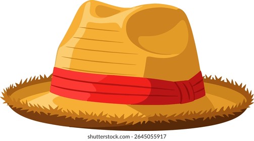 Flat Style Golden Yellow Straw Hat with Red Ribbon, Creased Crown, Upturned Brim, and Frayed Edges on White Background