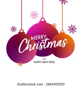 Flat Style Gradient Baubles Hang With Snowflakes On White Background For Merry Christmas & Happy New Year Celebration.