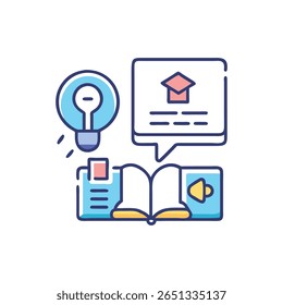 Flat style graphic with a book, lightbulb, speech bubble, symbolizing the learning process and educational technology integration.