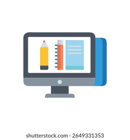 Flat style graphic depicting a monitor displaying a pencil, notebook, and document. A clean vector style illustration.