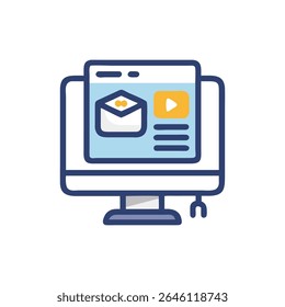 A flat style graphic depicts online education on a computer screen. Bold outlines enhance the visual representation.