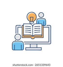 Flat style graphic depicts online learning with open book on monitor screen plus lightbulb and community icons.