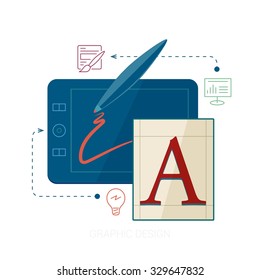 Flat style graphic design vector icon illustration for web and mobile services. Creative professional work place. Typography creation concept. Advertising and graphic design modern apps icons.