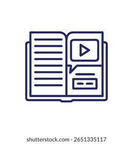 Flat style graphic of a digital learning resource: an open book connected to a video player interface screen.