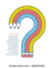 Flat style graphic education and business concept. Group of red, yellow and blue pencils as a question mark. Infographic vector metaphor for web, publish, social networks. 