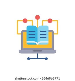 Flat style graphic featuring a book on a laptop screen connected to a network illustrating digital learning and knowledge sharing.