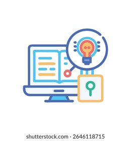 A flat style graphic featuring a computer screen next to a lightbulb and padlock icon. Bright colors and clean lines.