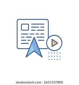 Um gráfico de estilo plano com um artigo de notícias com um cursor e um botão de reprodução, transmitindo acesso e informações multimídia.